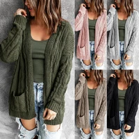 solid color pocket medium and long twist knitted cardigan jacket 2022 autumn and winter new sweater women