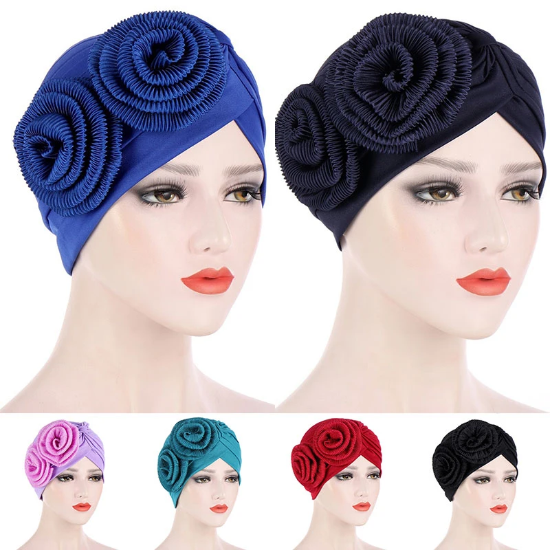 

Solid Muslim Hijab Turban Sleep Hat Headscarf Bonnet Hat Muslim Head Cover Night Cap Flower Folds Round Head Accessories