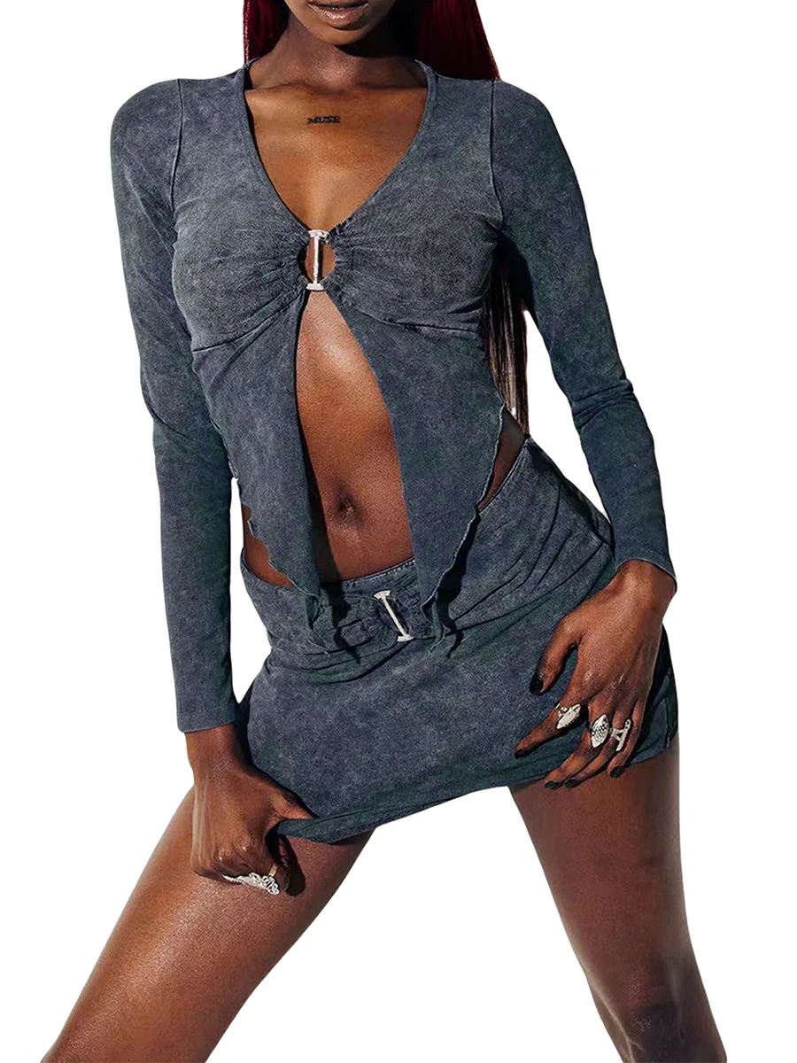 

Женский комплект из 2 предметов, укороченный топ и юбка Y2K, Топ с длинным рукавом и V-образным вырезом и облегающая мини-юбка с заниженной талией