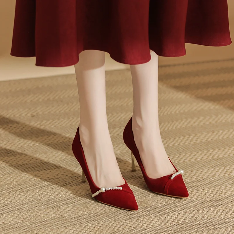 Винно-красные свадебные туфли новинка замшевые тканевые в китайском стиле с