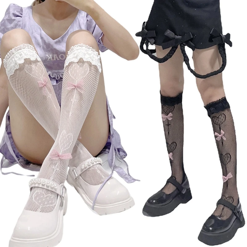 

Women Gothic Punk Cute Bow Calf Socks Lolita Kawaii Sweet Lollipop Heart Patterned Ruffles Lace Hollow Out Fishnet Knee High