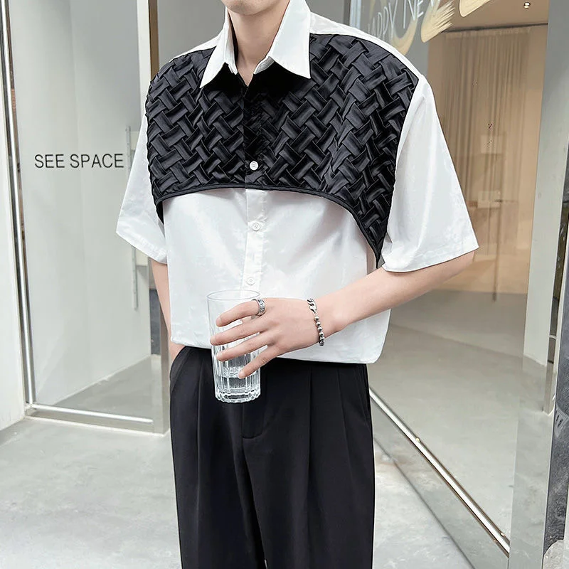 

Summer Black/White Shirt Men Slim Fashion Social Mens Dress Shirt Korean Short Sleeve Shirt Men's Fake Two Piece Casual Shirt