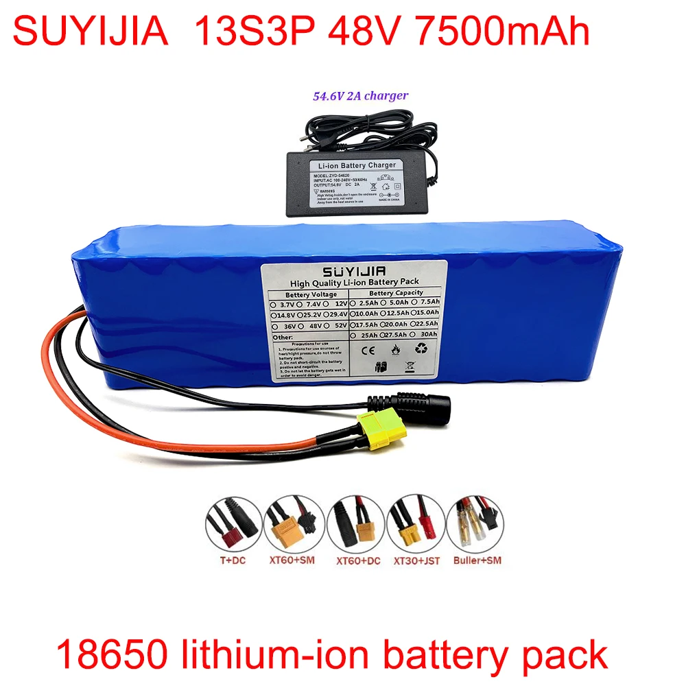 

2023 New 13S3P 48V 7500mAh XT60 with BMS 48V Lithium Battery Pack for Electric Bicycles Scooters 54.6V 2A Chargers