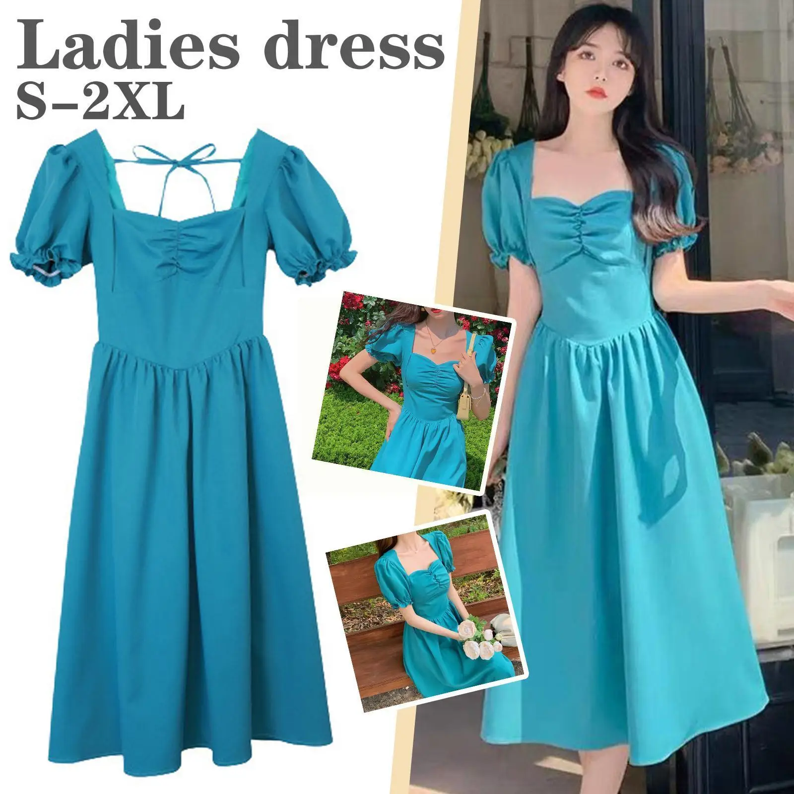 

Retro Court Style Puff Sleeve Dress Summer Girls' Design Slim Temperament Elegant Dress Niche Sense Blue Dress Ladies Sundr E6d3