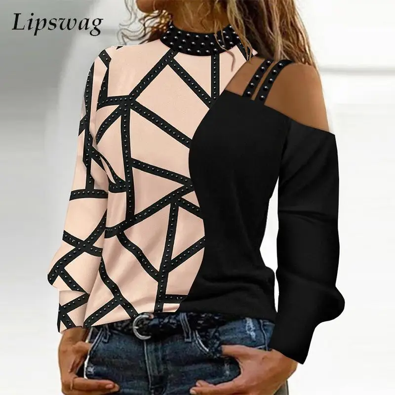 

Vintage Geometry Block Print Women Shirt Blusa Elegant Straps O Neck Pullover Tops Fashion Off Shoulder Long Sleeve Loose Blouse