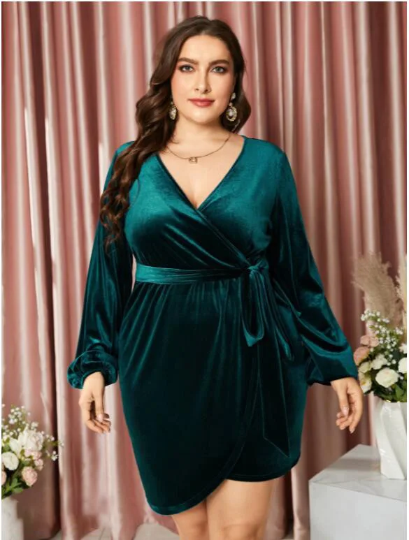 

Элегантные женские бархатные Платья-мини размера плюс 2022, пикантные свободные платья с V-образным вырезом и длинным рукавом, вечерние Клубн...