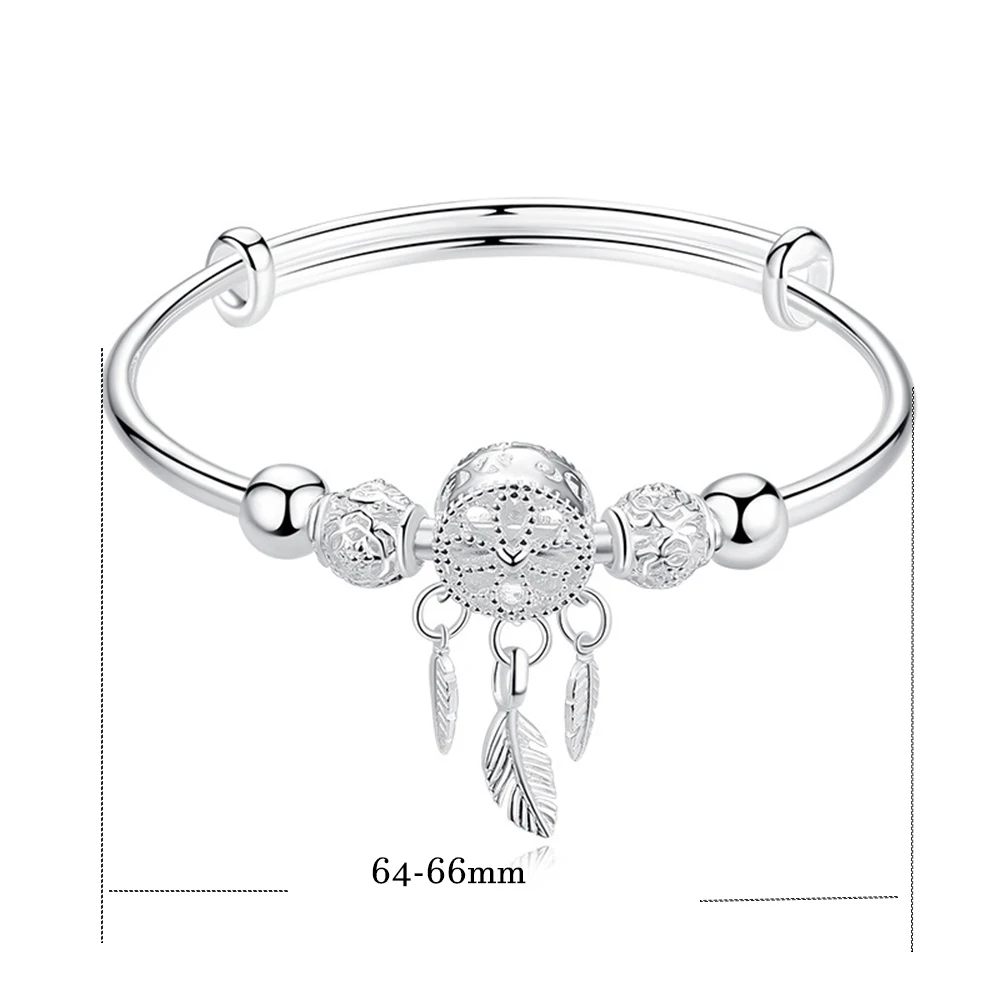 Adjustable Silver Color Dreamcatcher Tassel Feather Round Bead Charm Bracelet & Bangle For Women Elegant Jewelry images - 6