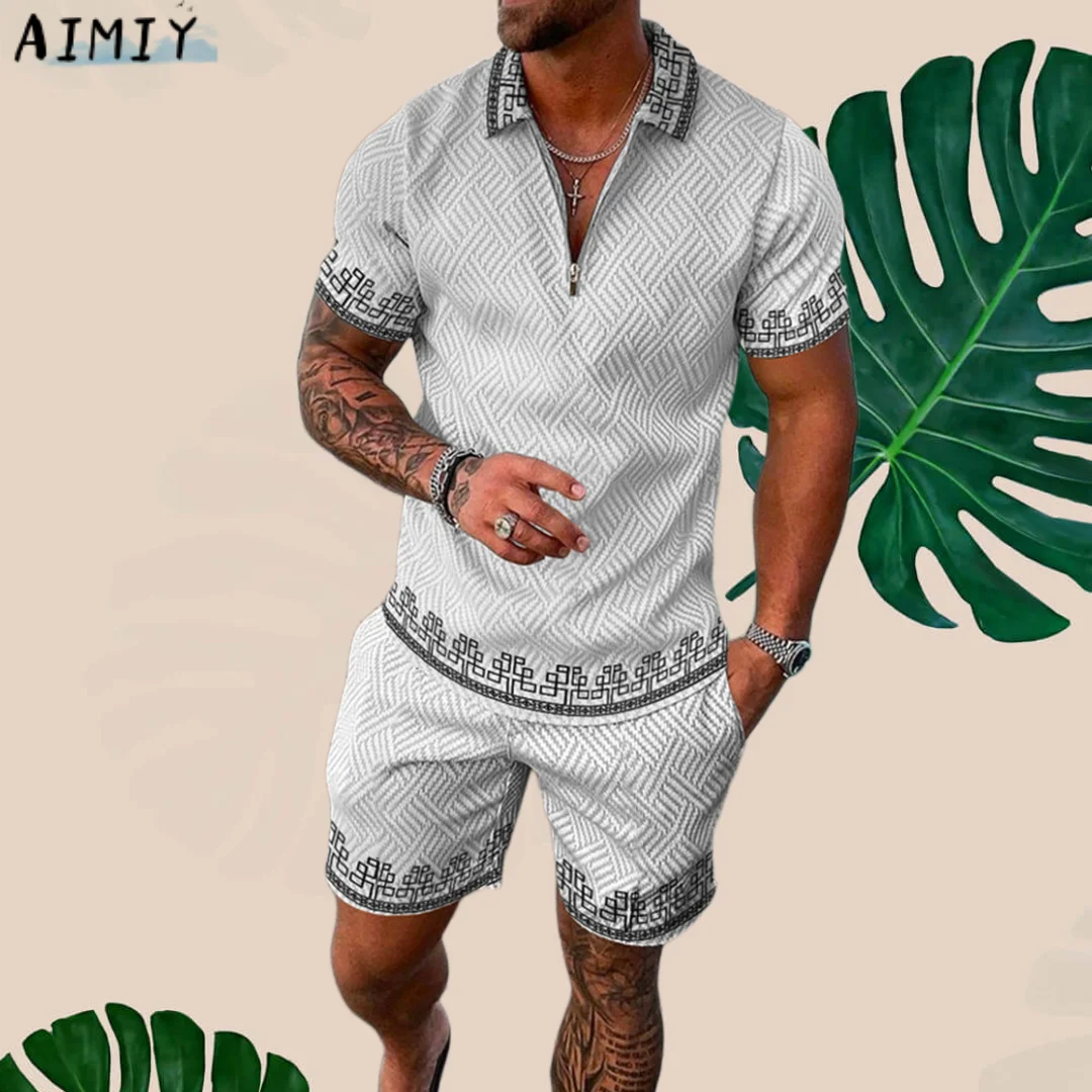 Men's Polo Suit Summer New Fashion Men Sets Printed Short Sleeve Zipper Polo Shirt&Shorts Set for Men Casual Streetwear 2-piece