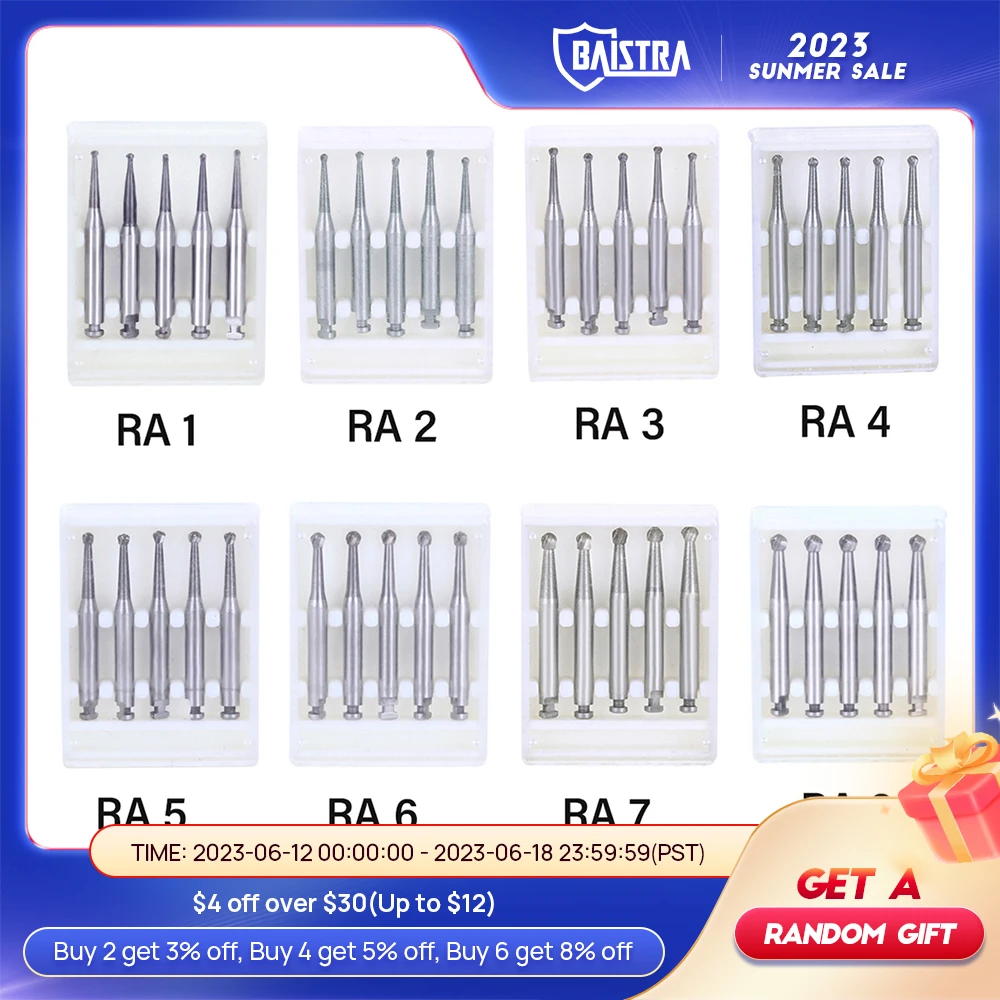 

Dental Carbide Burs Tungsten Steel RA1-8 Cutters Dental Strawberries Round Bur for Low Speed Handpiece Dentist Products 5Pcs/Box