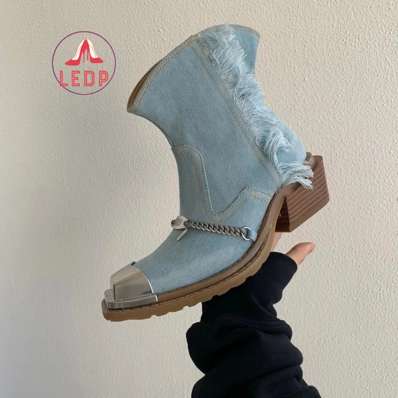 

Женские ковбойские сапоги до середины икры, с металлическим носком, на низком каблуке