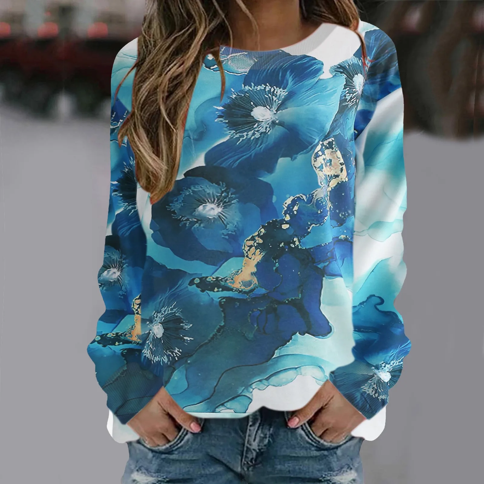 

Черный Женский Повседневный пуловер с длинным рукавом и цветочным принтом