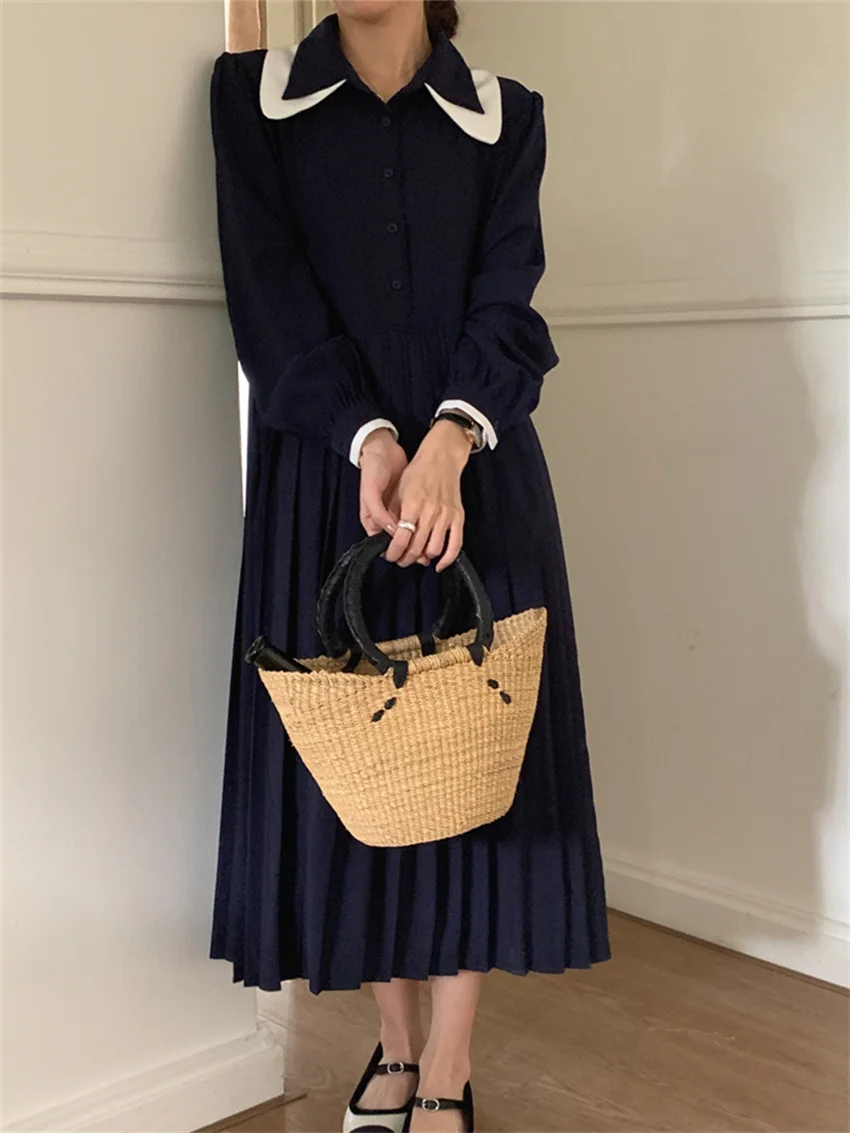 

Женское платье в стиле ретро Alien Kitty, элегантное приталенное Плиссированное офисное платье с длинным рукавом и воротником «Питер Пэн», весна 2023