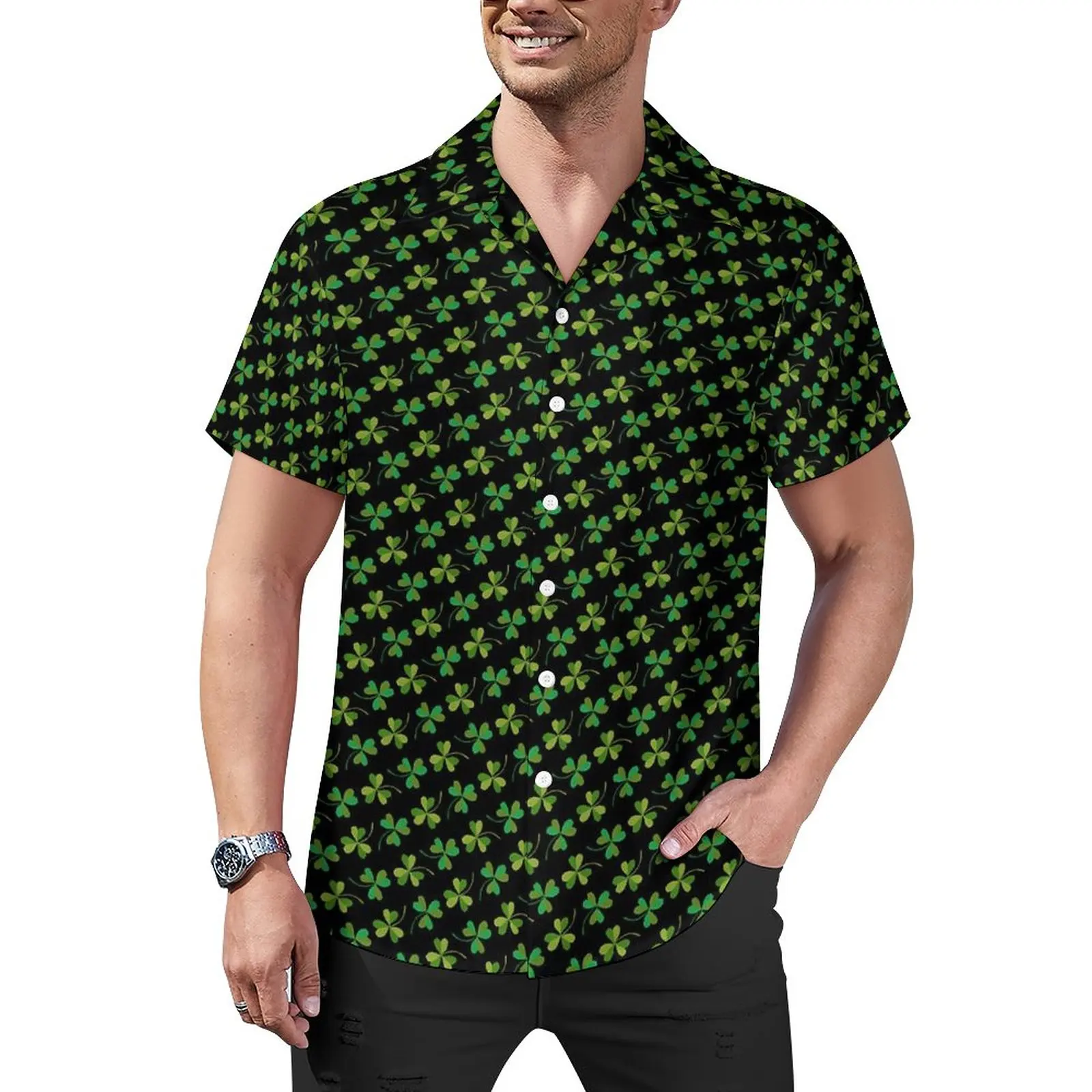 

Cute Shamrock Print Casual Shirt St Patricks Day Beach Loose Shirt Hawaii Funny Blouses Short Sleeves Graphic Oversize Tops