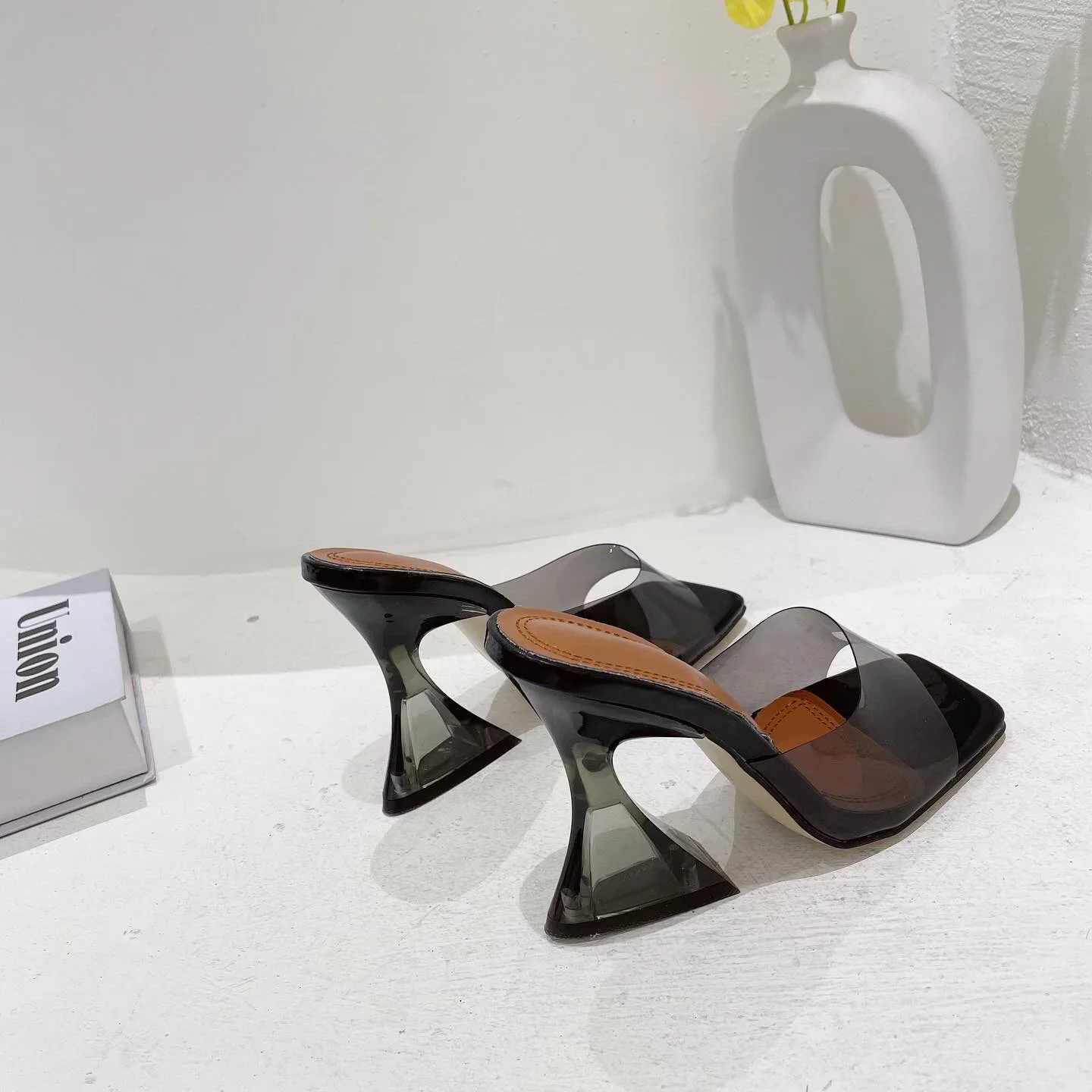 Women Shoes PVC Transparent Strange Heels Slippers Female Mules Slides Summer Jelly Sandals Square Toe Crystal Clear  Pumps