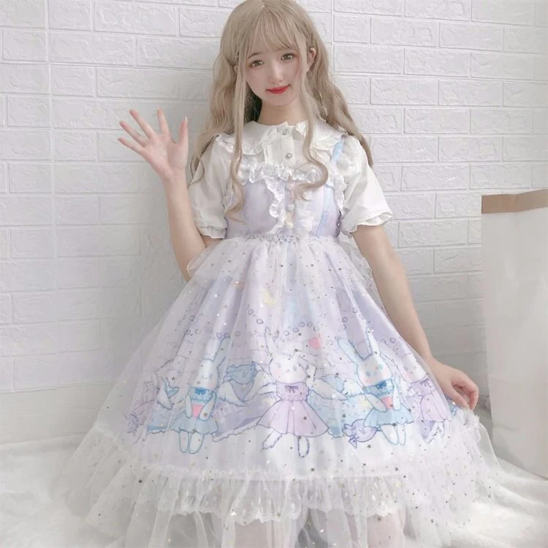 

Cute Lolita Dress Women Straped Dresses Sweet Angel Rabbit Soft Kawaii Girls Bow Lolita Princess Dress Vestido Girls Dresses