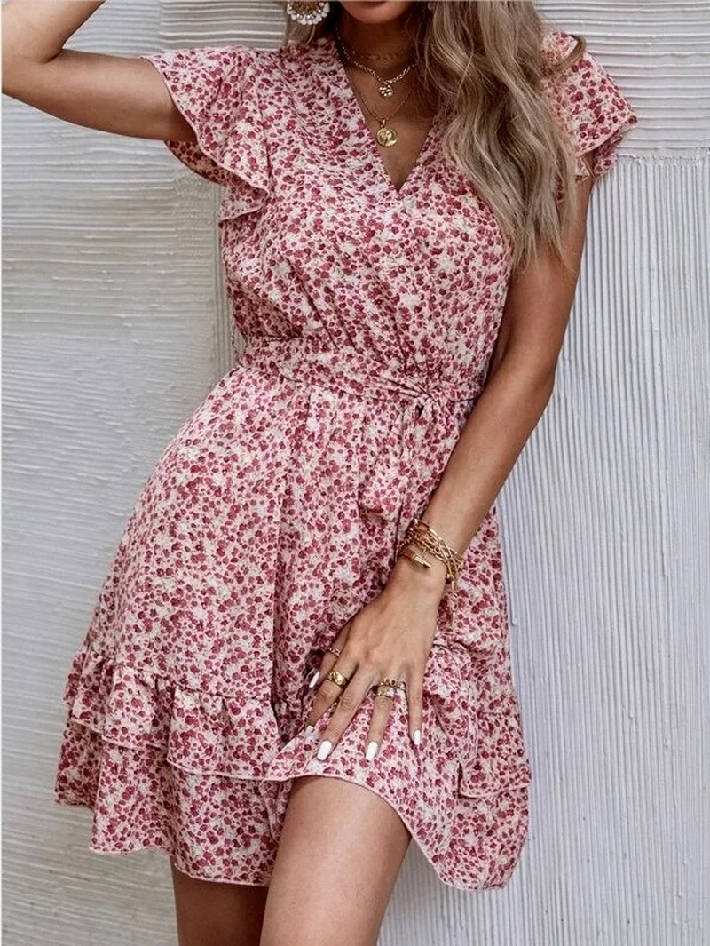 

Robe Femme Été Bohemian Floral Printed Dresses for Girls Summer 2022 Elegant Women V-neck Loose Casual Mini Dress Party Vestidos