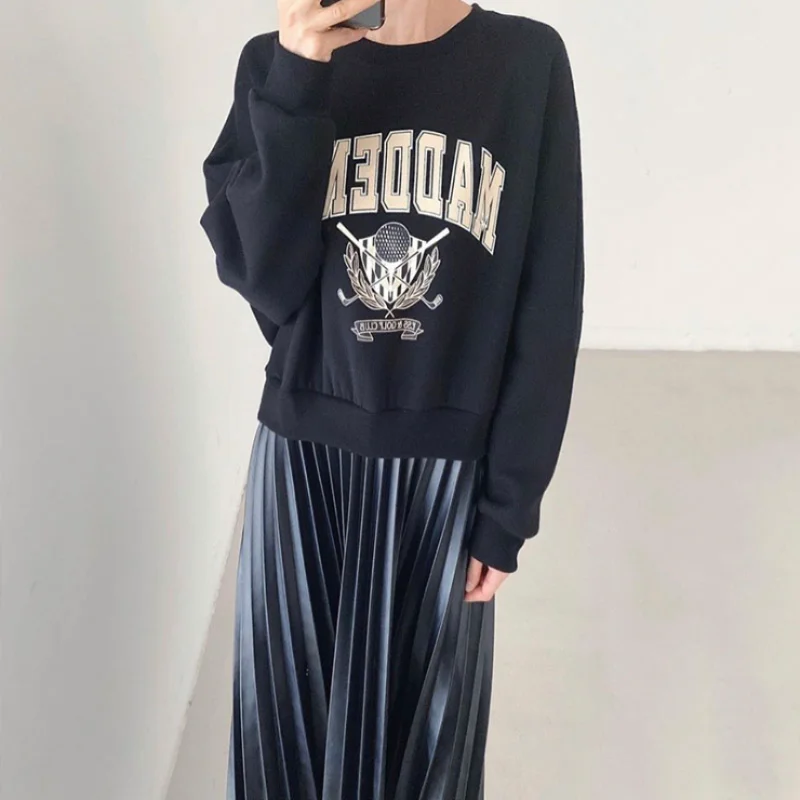 

Женское винтажное платье с капюшоном, повседневное плиссированное платье в Корейском стиле с круглым вырезом и надписью, осень