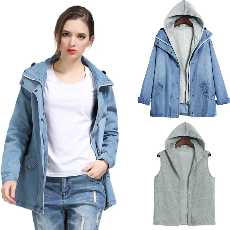 

Women's Fall 2022 New Popular Denim Top Hooded Vest Two Piece Large Denim Coat