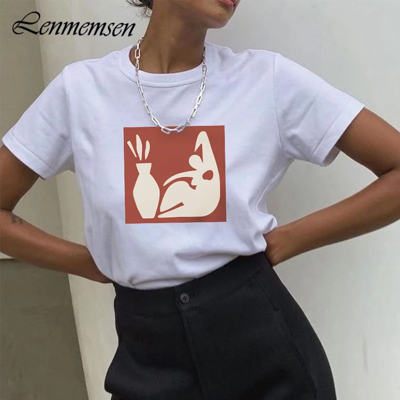 

Lenmemsen Artistic Printed T Shirts Women Summer Vintage Loose Chic Gothic Graphic Tees Oversized Short Sleeve White Tops Female