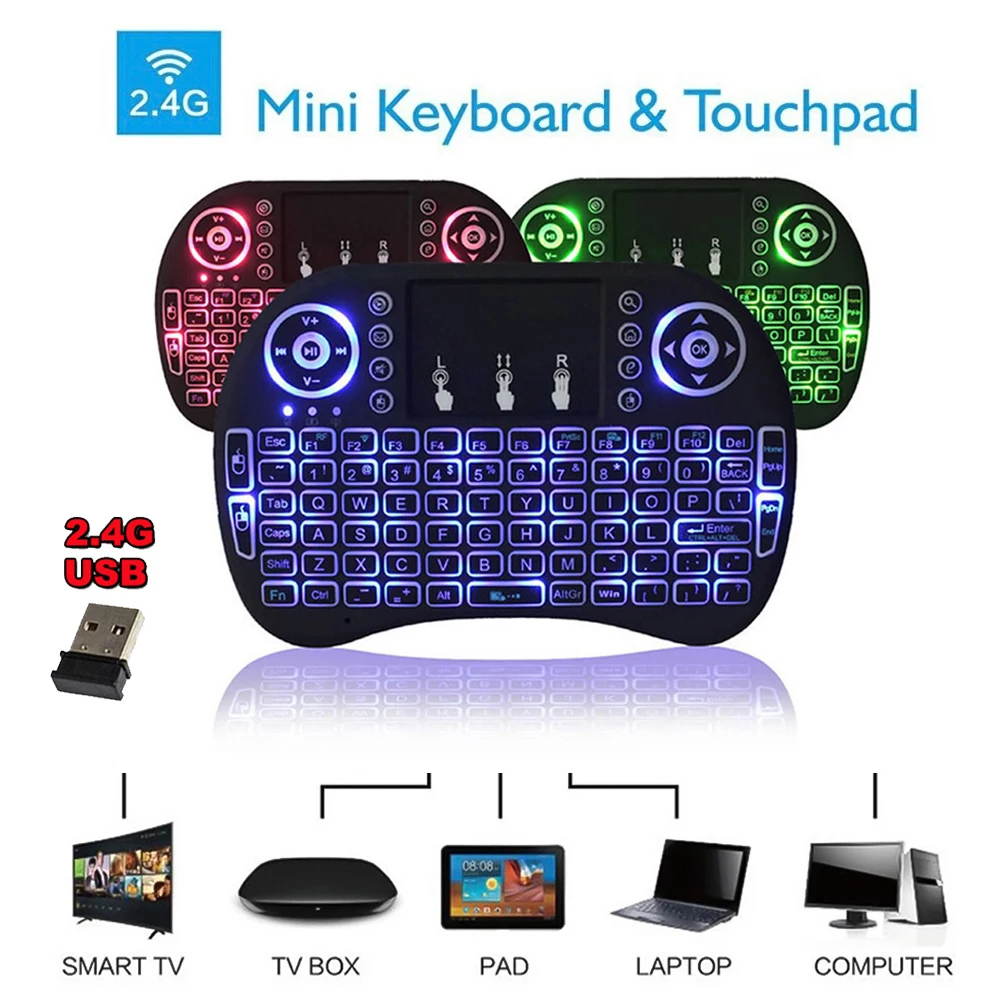 Color Wireless Keyboard With Touchpad English Russian MINI PC Backlit keycaps 2.4G i8 Air Mouse Gaming Remote Control For Tablet