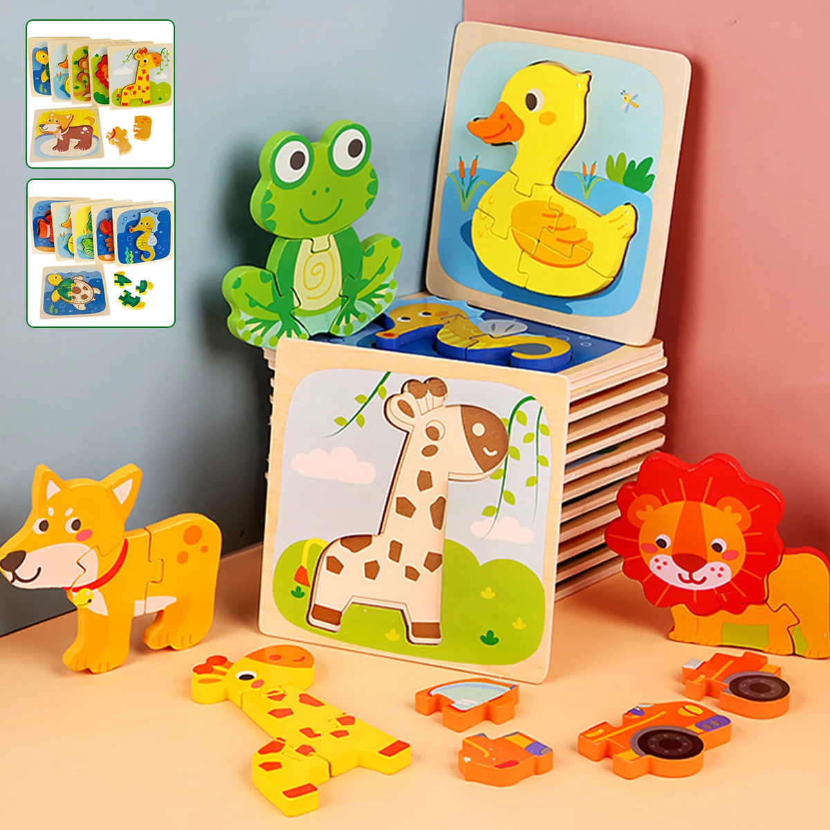 

New 3D Wooden Puzzles Animal Shape Wooden Jigsaw Puzzles Toddler Montessori Puzzle Game Block Set Preschool Early Educational