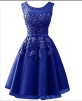 royal blue pearls beaded a line prom dresses sleeveless crew neck lace applique knee length tulle evening gowns for women girls