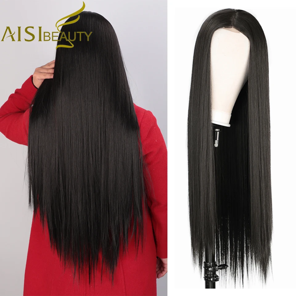 

AISI BEAUTY Long Straight Synthetic Black Wig Mixed Brown and Blonde Long Wig For Black Women Middle Part Lolita Cosplay Hair
