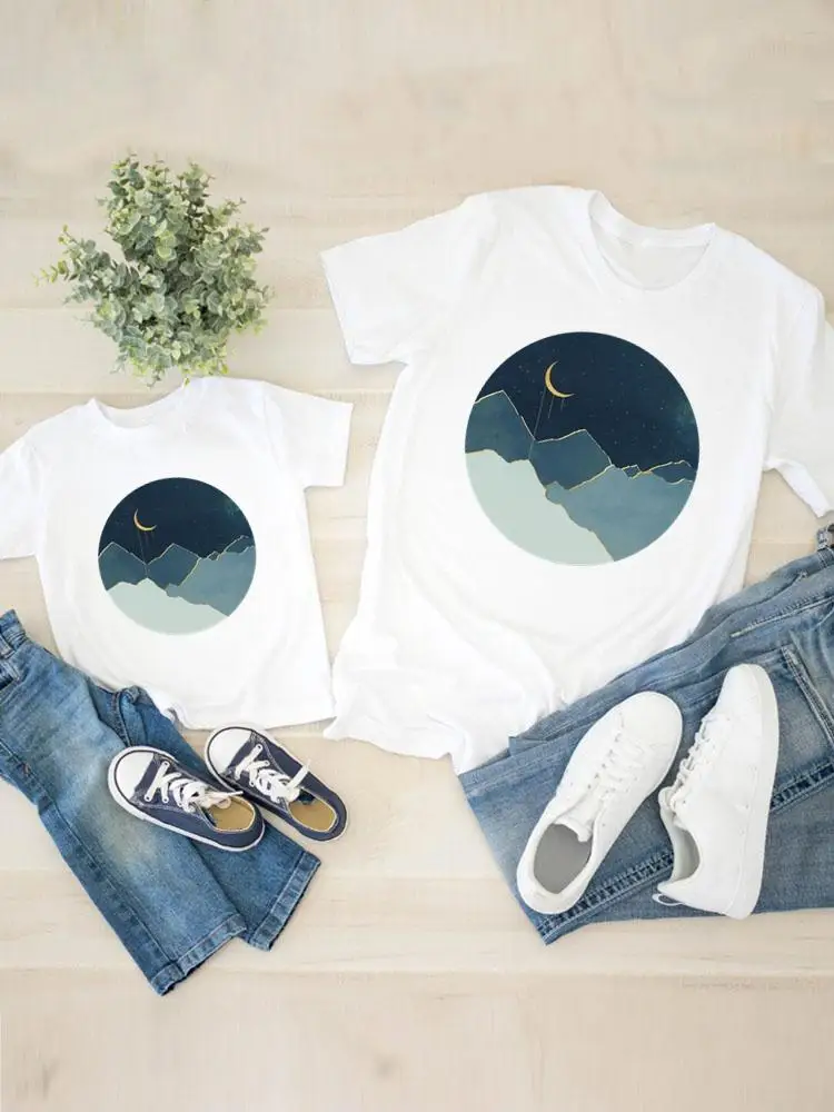

Graphic T-shirt Tee Watercolor Moon 90s Women Child Kid Clothing Boy Girl Summer Family Matching Outfits Mom Mama Clothes