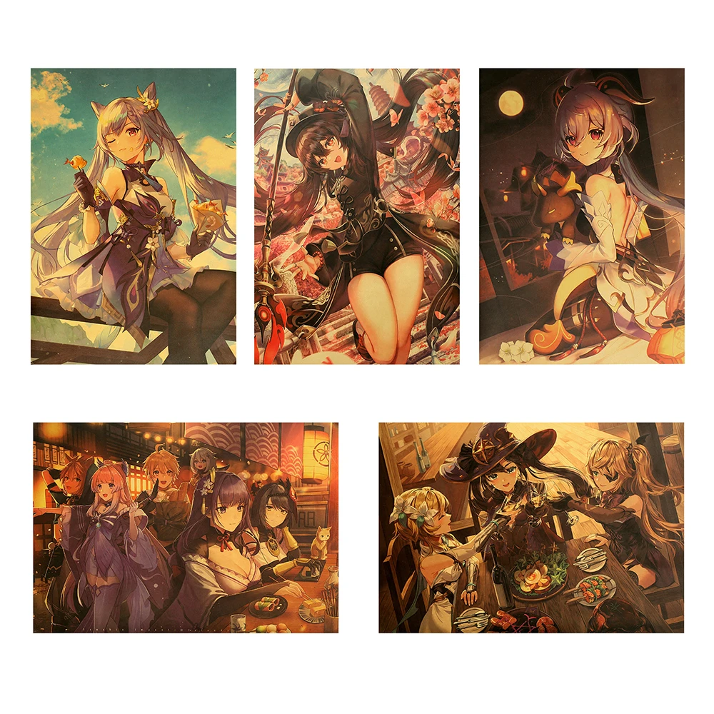 

Genshin Impact Hutao Posters Retro Kraft Paper Sticker DIY Vintage Room Bar Cafe Decor Prints Art Cartoon Wall Canvas Paintings