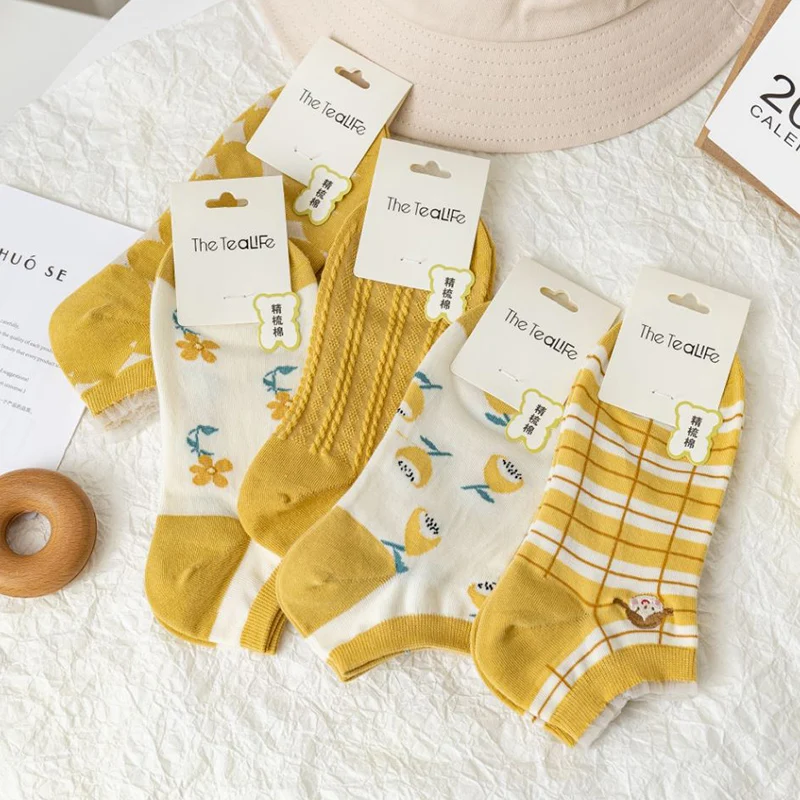 

3Pairs/Set Women Socks Yello Gold Color Low Cut Cotton Ladies Casual Short Sox Soft Girl College Style Spring Cute Skarpetki