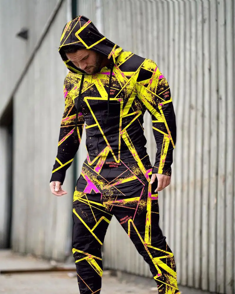 Men's Hooded Pullover Sweatpants Long-sleeved Trousers Two-piece Set Casual Plaid Sweatshirt Fashion Tracksuit  Jogging Suit