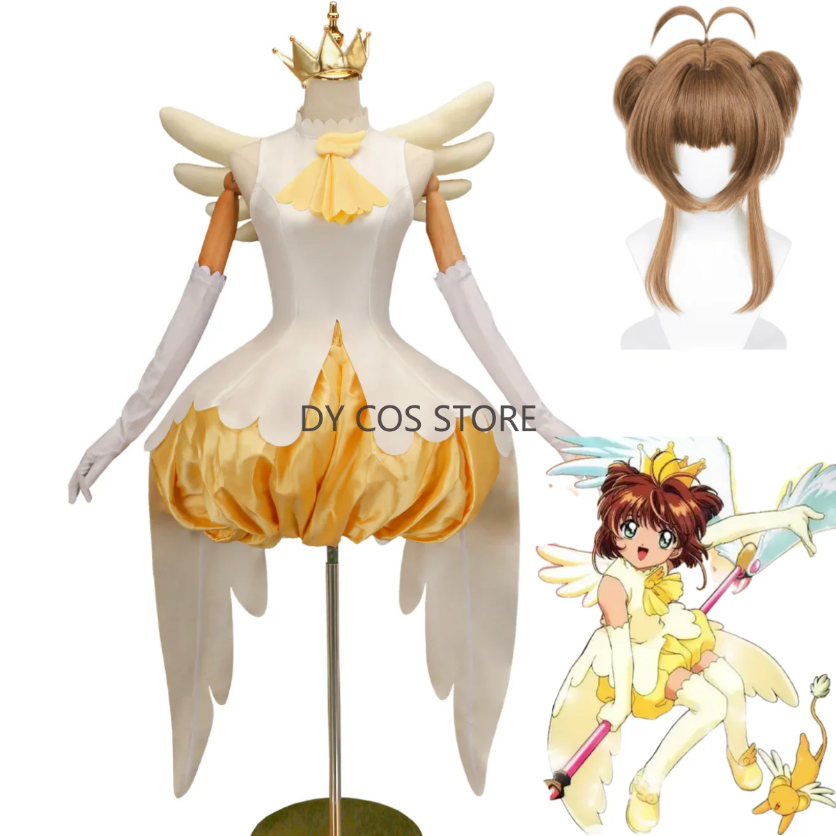 Фото Аниме Cardcaptor Sakura Kinomoto Sakura Косплей Костюм Желтая Юбка Лолиты Боевая Униформа Крыло Парик Женщина Kawaii Костюм на Хэллоуин №1