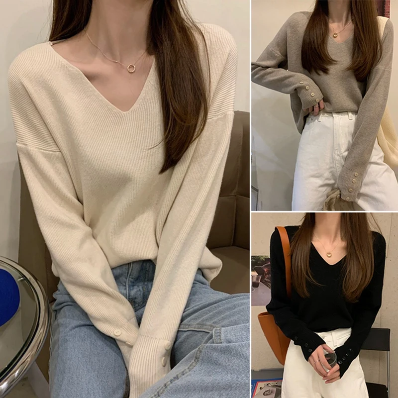 

Новый женский свободный свитер с V-образным вырезом и длинными рукавами, Женский пуловер, универсальный базовый свитер для студентов, один р...