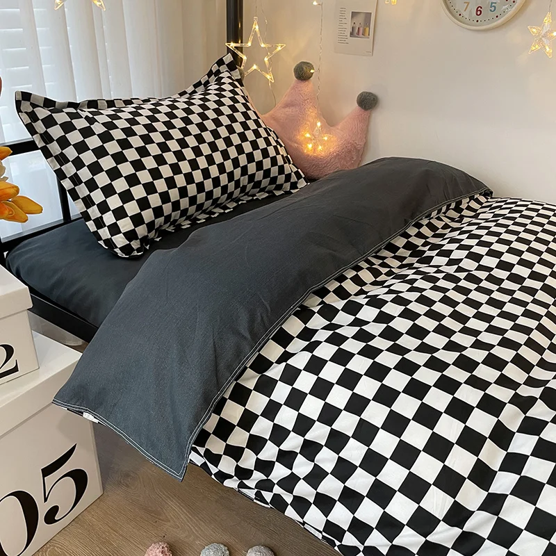 

Solid Color Bed Linen Plaid Duvet Cover Pillowcase Fashion Bedding Set Kawaii Bed Sheet Quilt Cover Single Queen King Size
