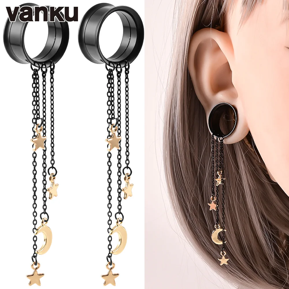 

Vanku 2pcs Stainless Steel Star Dangle Tunnel Gauge Tassel Chain Pendent Ear Plug and Tunnel Body Stretcher Piercing