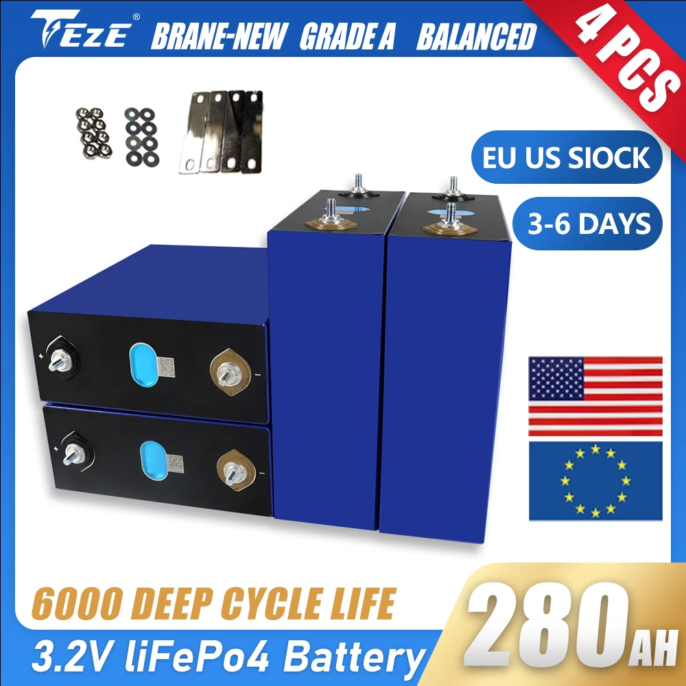 

New Grade A 4PCS 3.2V 280Ah 280K LiFePO4 Battery12V 24V 48V For Solar And Wind Energy Storage RV EV US EU 5-7 DAYS Fast Delivery