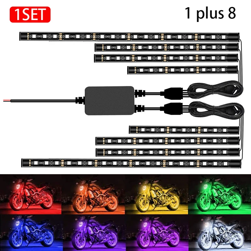 

8 в 1 Подсветка для мотоцикла Светодиодные фонари 12 В APP Sound Control RGB Водонепроницаемые неоновые мото автомобильные атмосферные полосы окружающего освещения