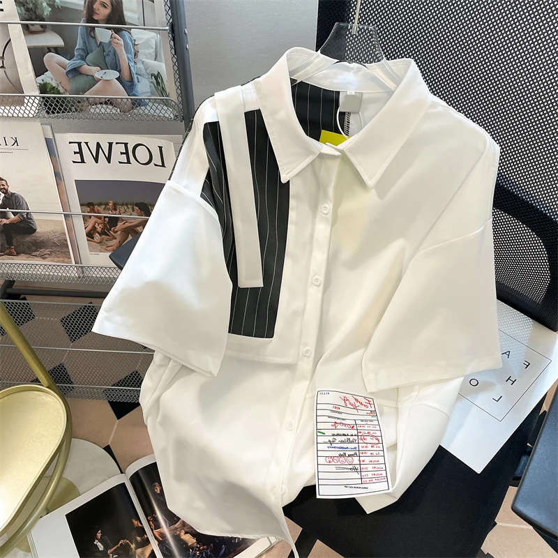 

DAYIFUN Fashion Streetwear Shirts Women Turn-down Collar Shirt Button Patchwork Asymmetrical Short Sleeve Blouse Summer Thin Top