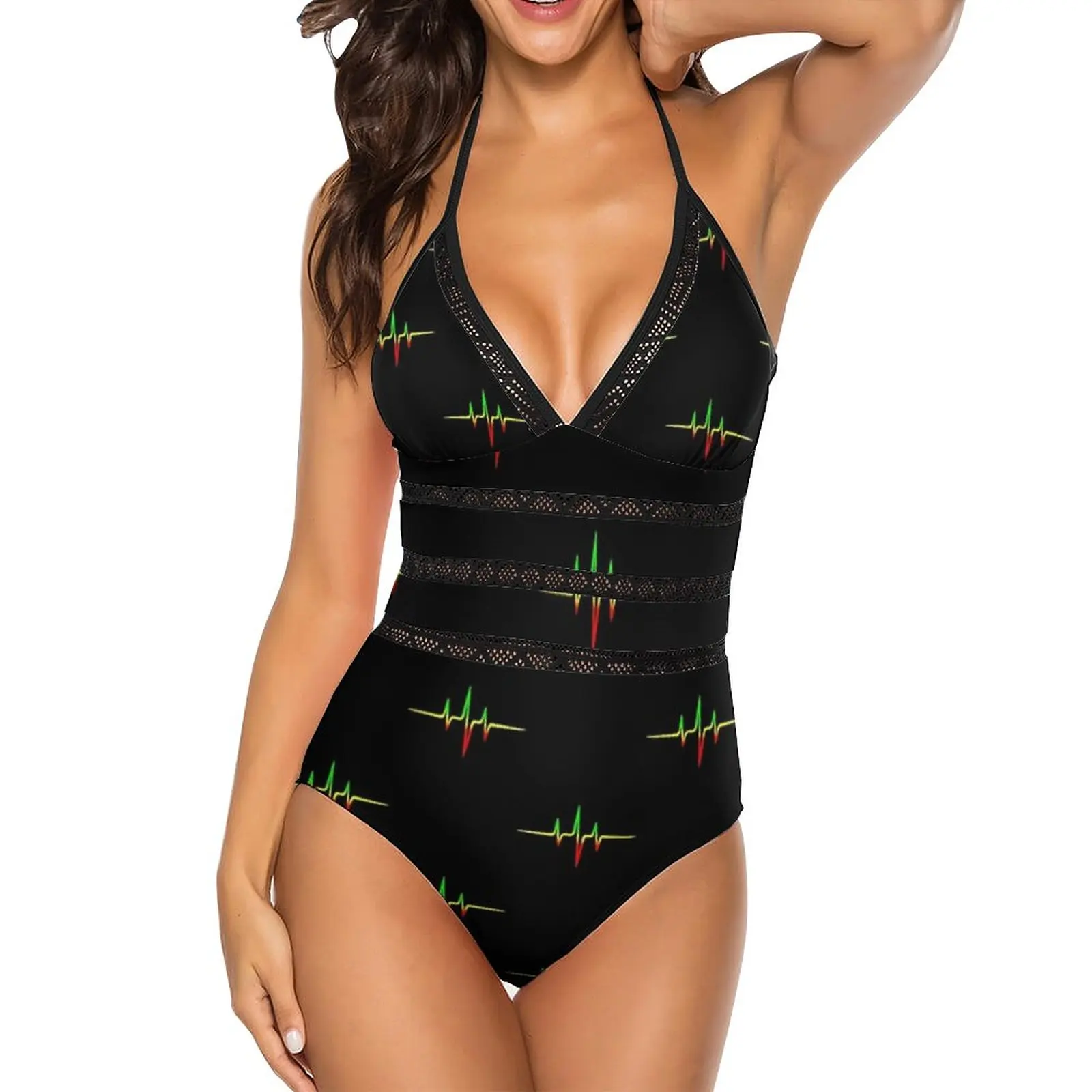 

Музыкальный пульс, регги, сердцебиение, растафари, Джа, сексуальный черный сетчатый цельный купальный костюм с открытой спиной, женская оде...