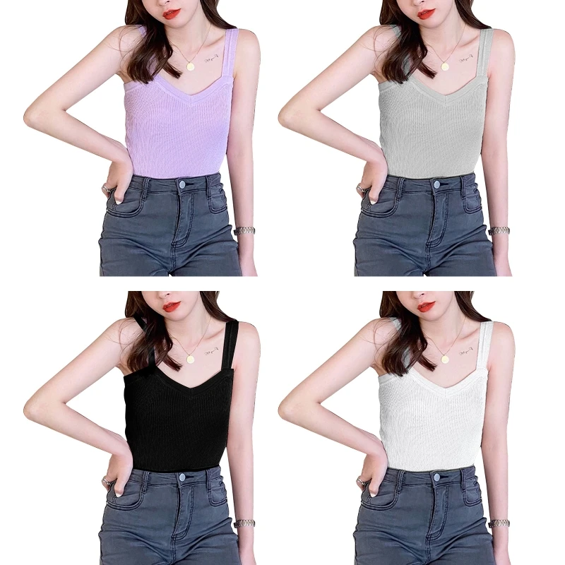 

Korean Style Women Summer Sleeveless Ribbed Knit Tank Top Sexy V-Neck Wide Shoulder Strap Sweater Vest Basic Solid Color Shirts