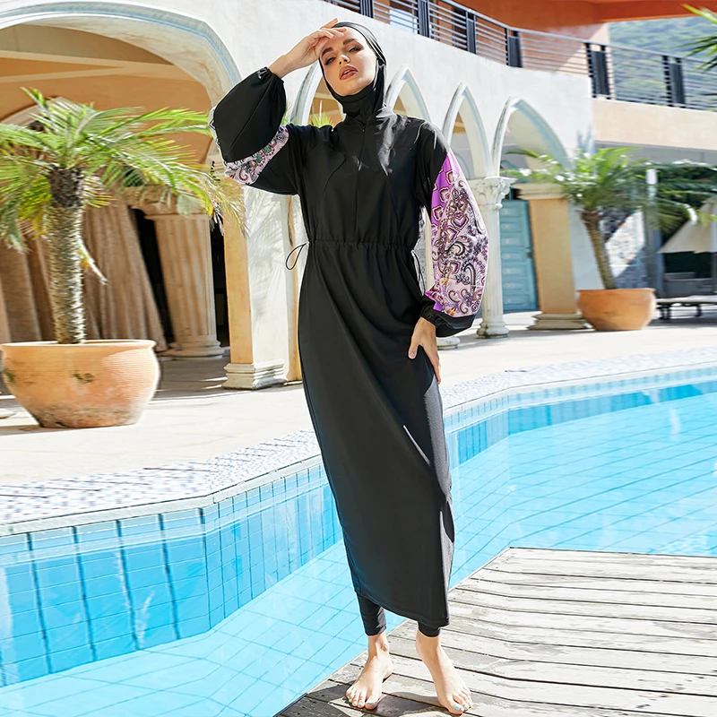 2022 New Design Burkini Swimsuit For Muslim Women Lantern Sleeve Long Robe Paisley Print Drawstring Baju Renang Muslimah