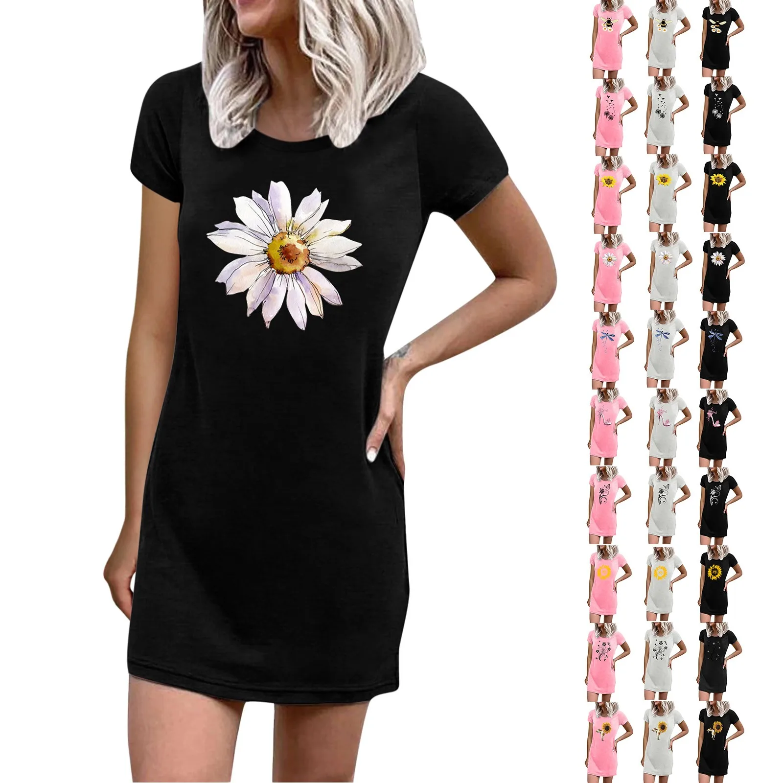 

Women's Crew Neck Creative Sunflower Flower Printed Tshirt Dresses Woman Black Party Dresses Lace Dresses for Women