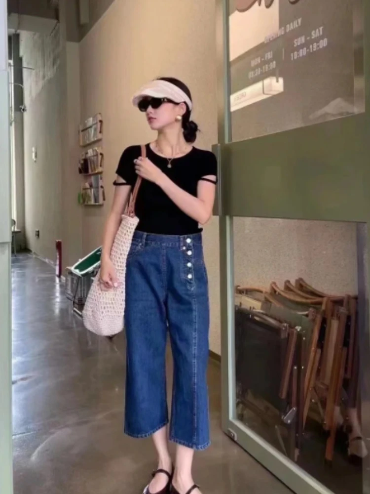 

Women Jeans Pants 2022 New IMM* Solid Color Loose Straight Slanted Placket Women Cropped Pants Casual Jeans