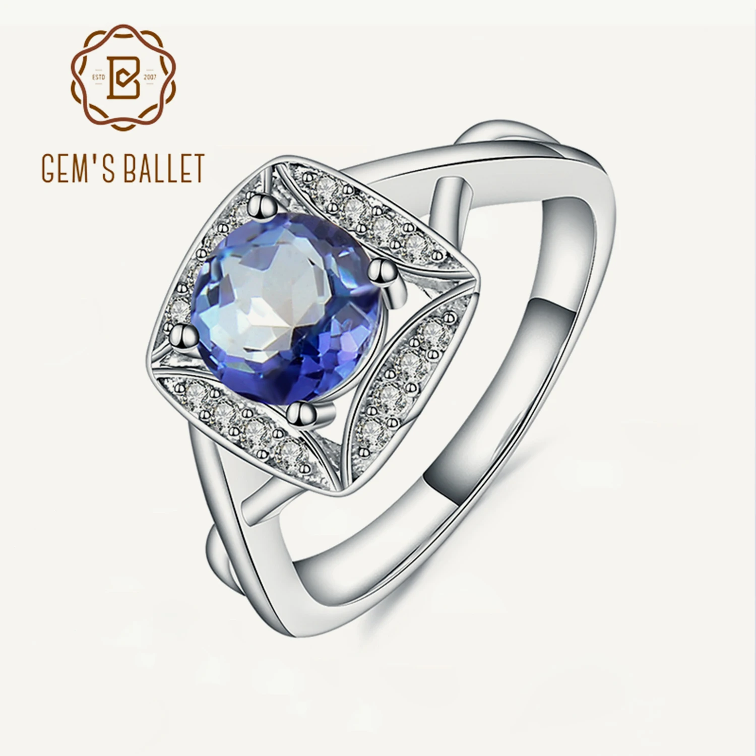 

GEM'S BALLET 925 Sterling Silver Birthstone Ring 7mm Natural Mystic Quartz Engagement Rings For Women Wedding Fine Jewelry