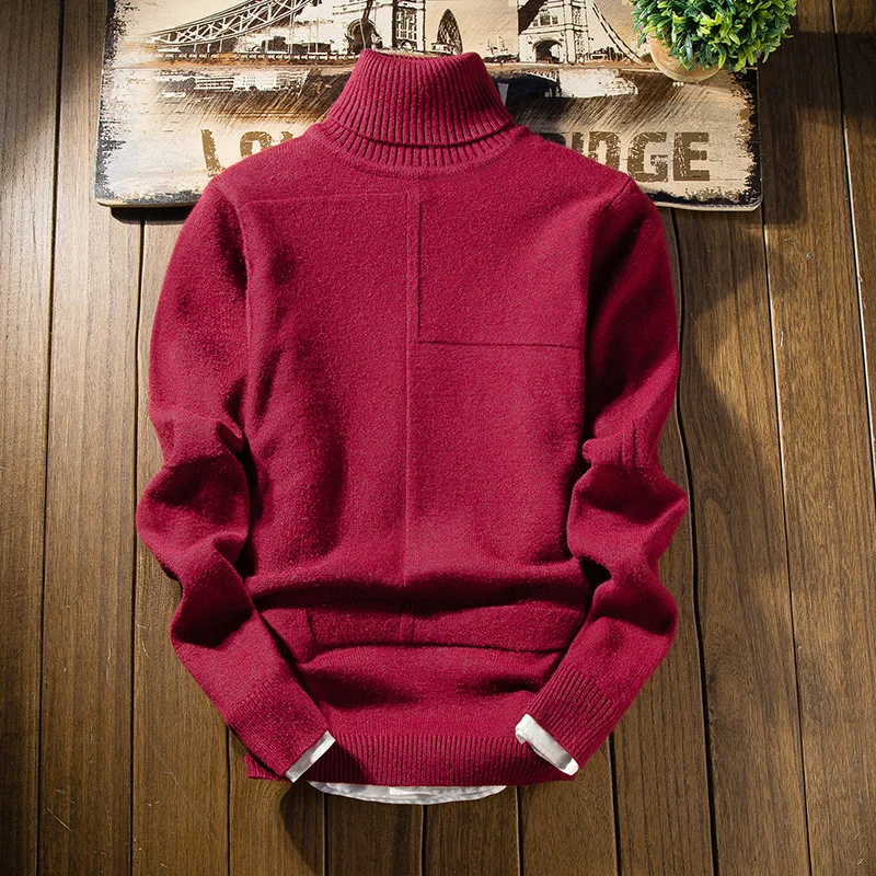 Trend Men's Casual Solid Color Sweater Long Sleeve Warm Knit Turtleneck Sweater pullover