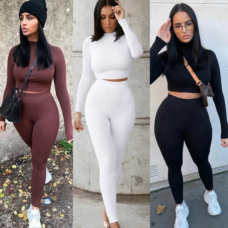 

2023 Spring Two Piece Sets Women Solid Autumn Tracksuits High Waist Stretchy Sportswear Hot Crop Tops Legging NTZ175