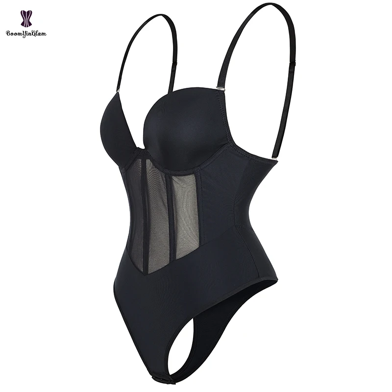 Plus Size 5 Plastic Bones Supported Translucent Bodysuit Shapewear Nude Black Women Strap Bra Bustier Underwear Panties Shapers