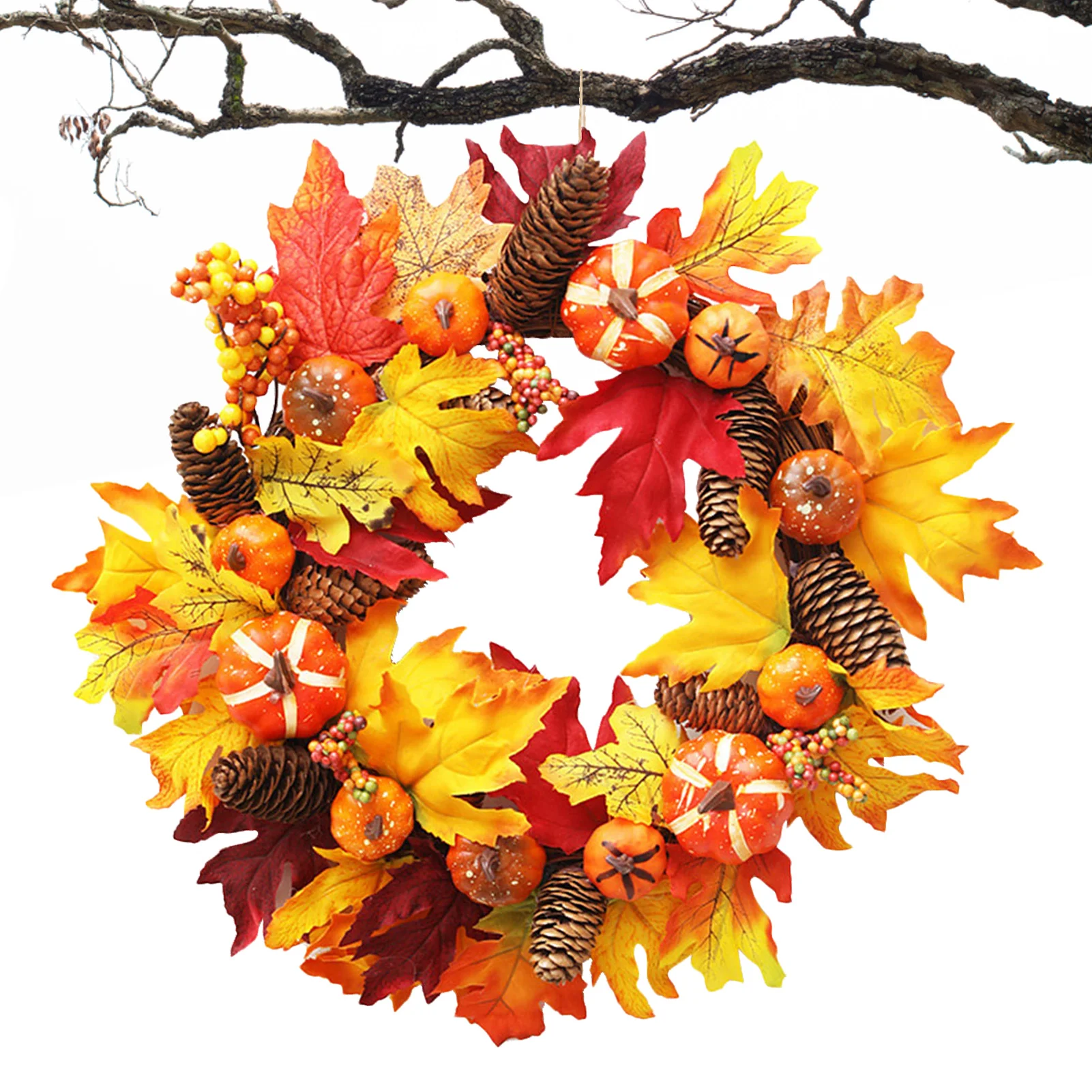 

Осенний венок с тыквами, украшение для осени, венок на переднюю дверь, тыквенный пинезон 45 см/17,7 дюйма, кленовые листья, венки с сосновой кону...