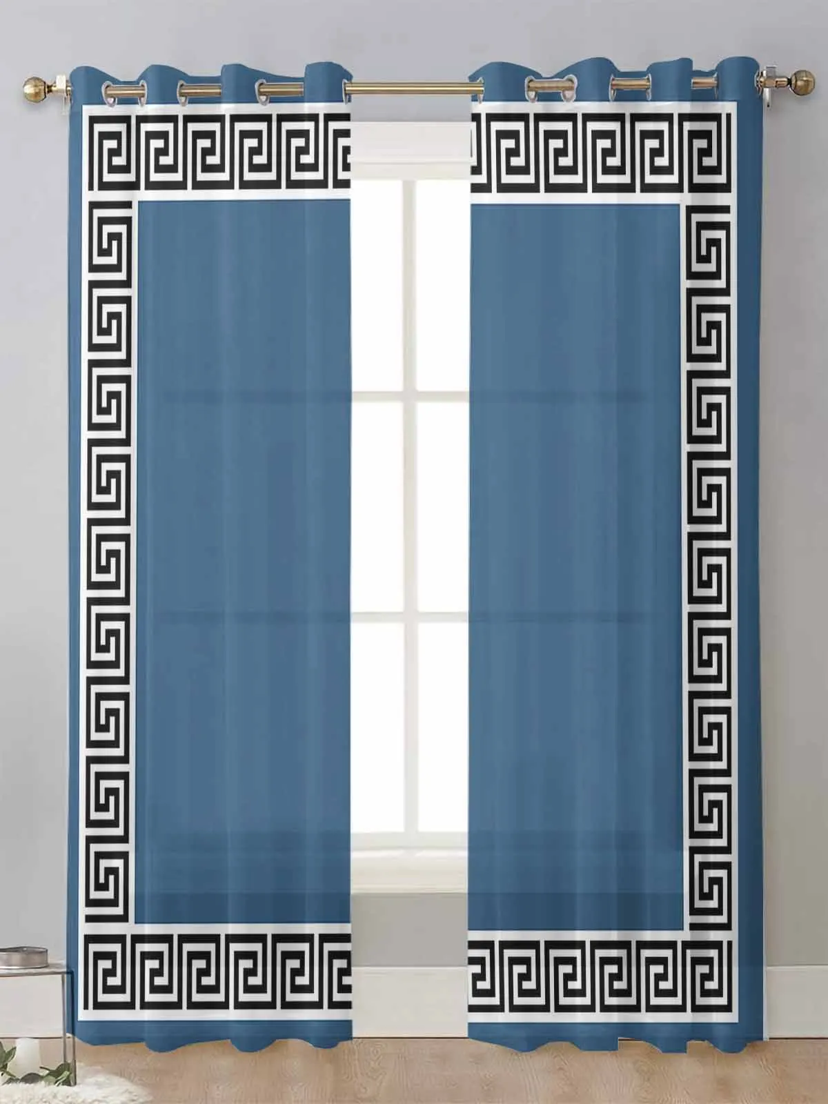 

Blue Geometric Greek Pattern Sheer Curtains For Living Room Window Transparent Voile Tulle Curtain Cortinas Drapes Home Decor