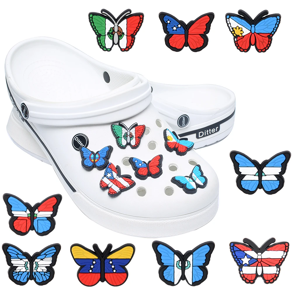 

Single Sale 1pcs NationalButterfly PVC Shoe Charms Shoe accessories decoration Buckles Accessories Fit Bands Bracelets Croc JIBZ